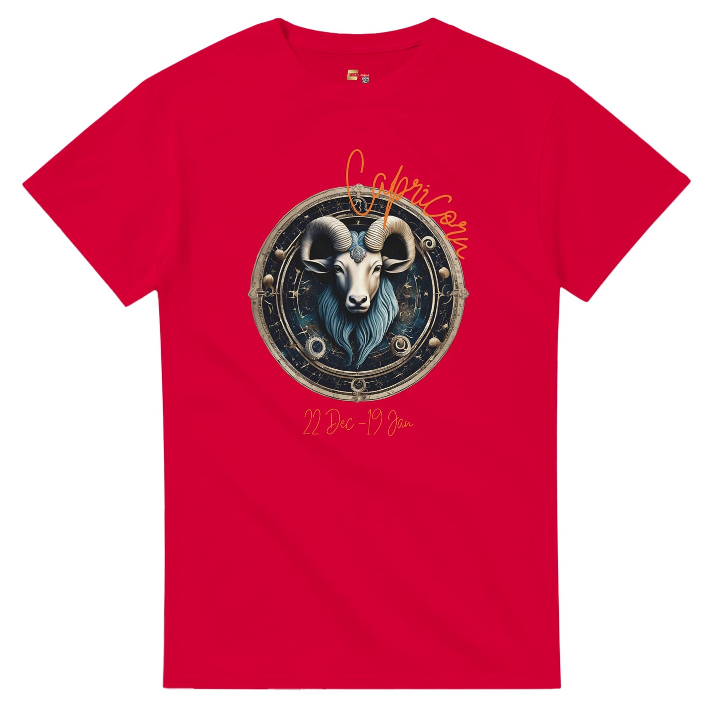 Red t-shirt with Capricorn zodiac design on a white background