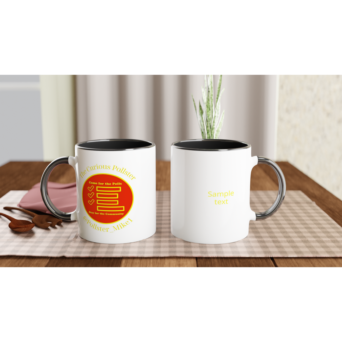 Curious Pollster logo on an 11oz ceramic mug