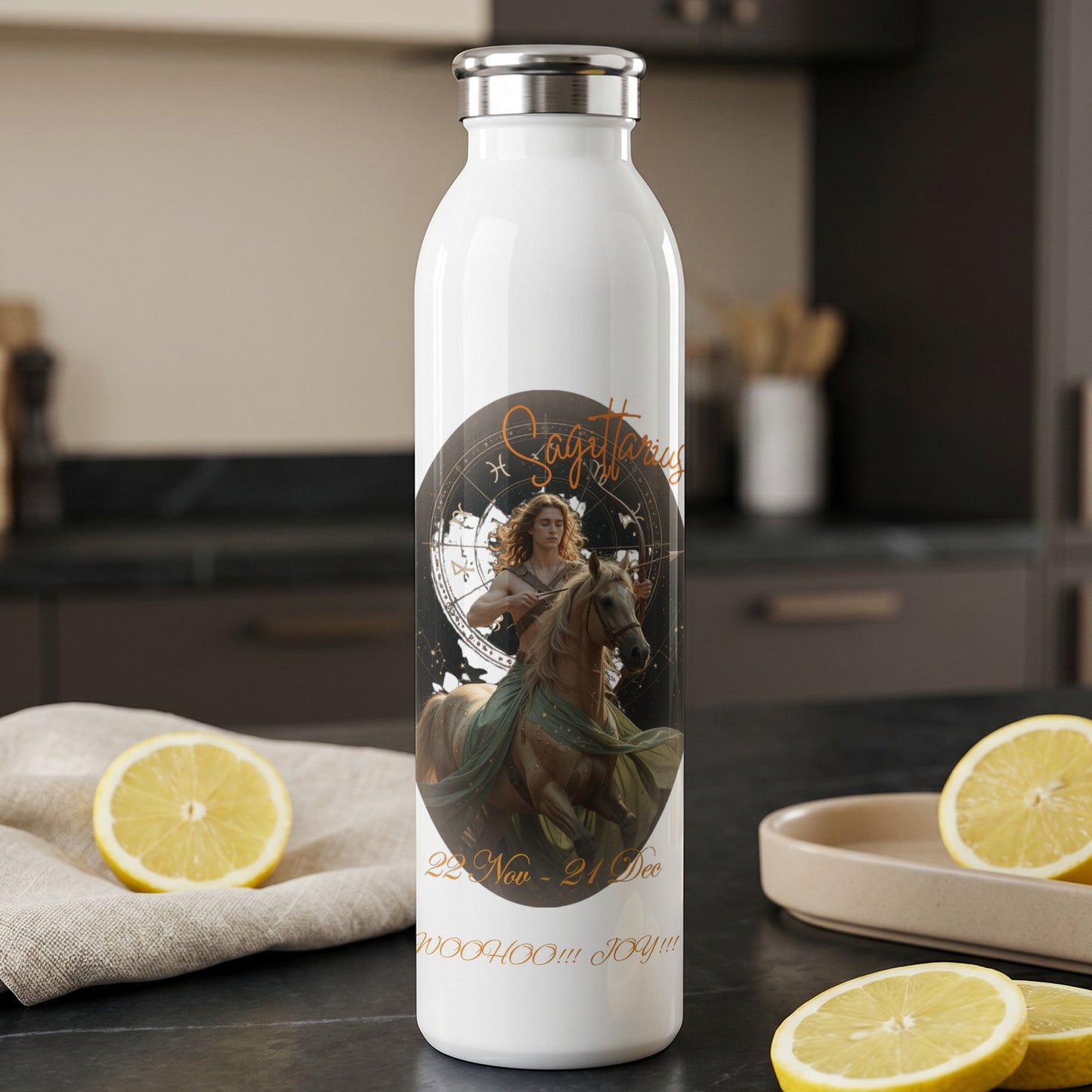 White water bottle featuring Sagittarius zodiac symbol, woman on horse, and text.