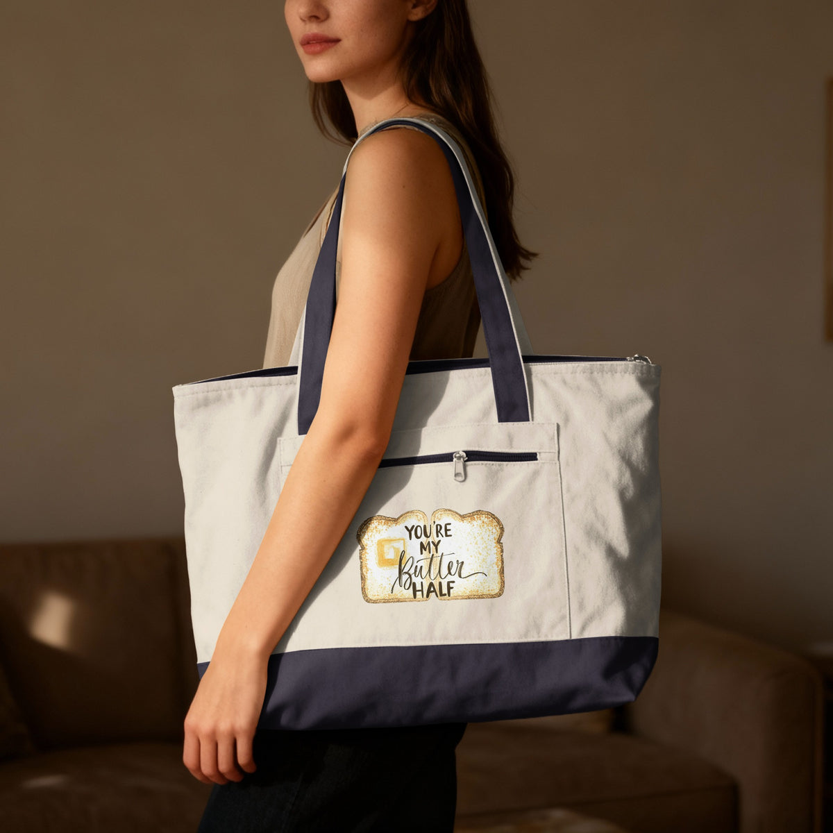 You're My Butter Half phrase on a Zippered Canvas Tote
