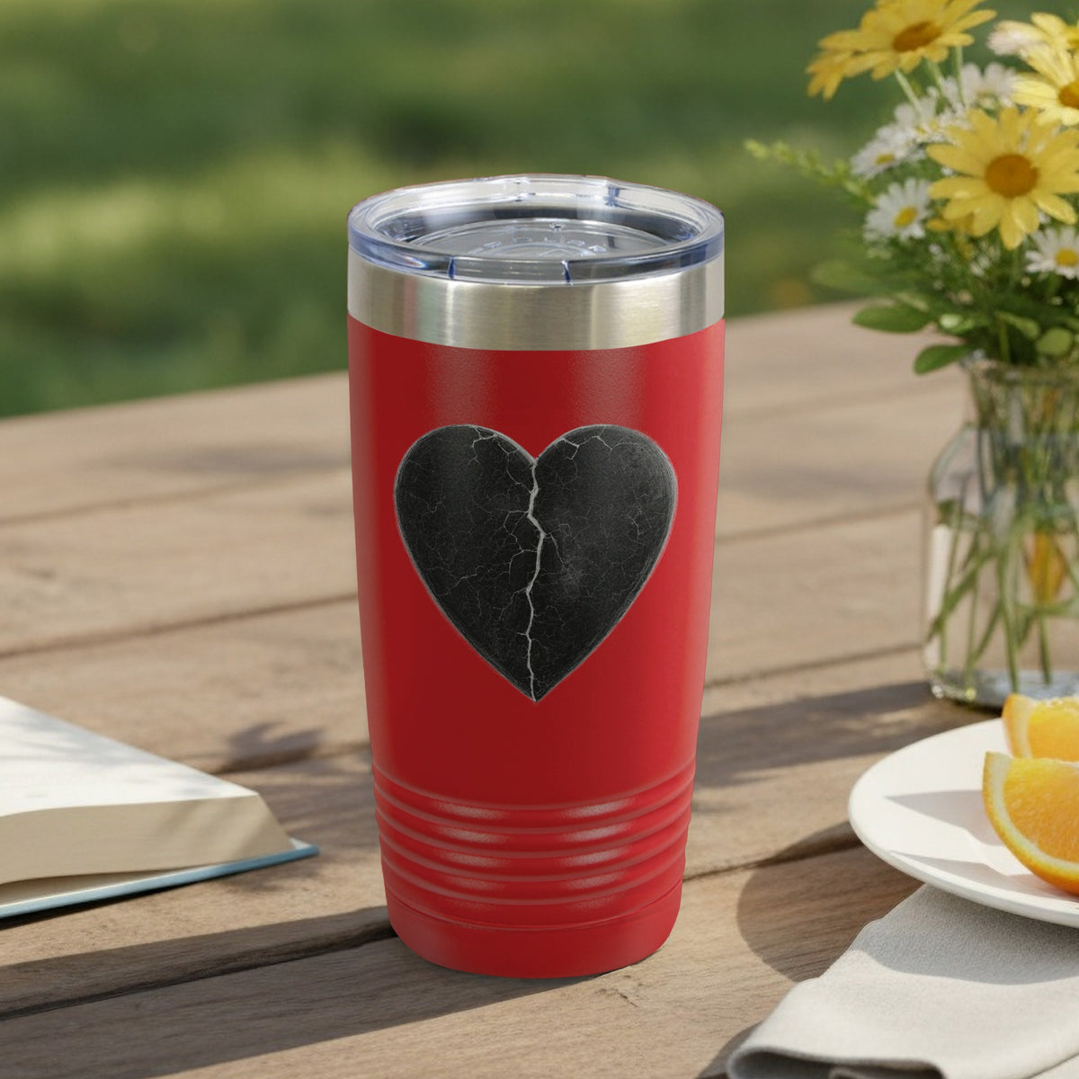 Red Tumbler with Black Cracked Heart Design Custom Tumbler
