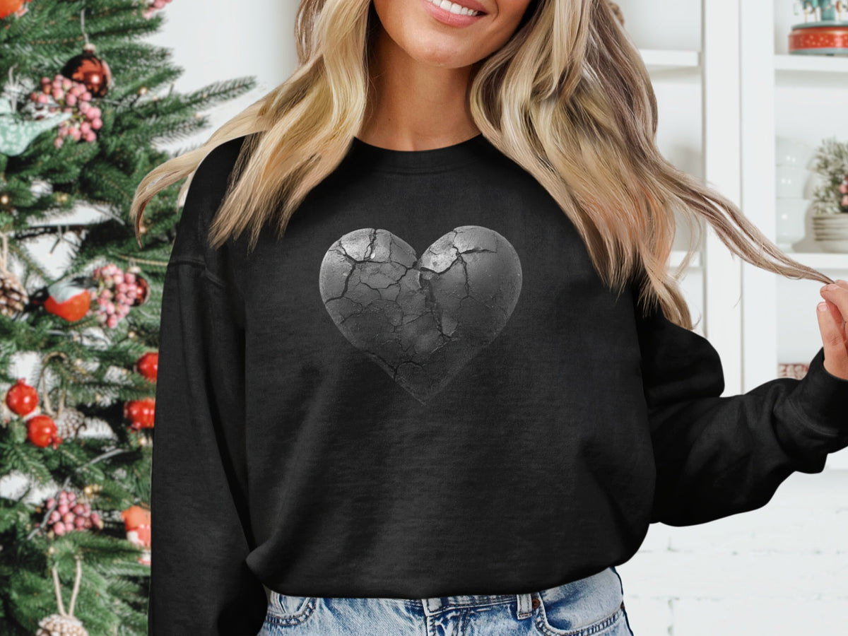 Black Sweatshirt with Cracked Heart Design Sweater
