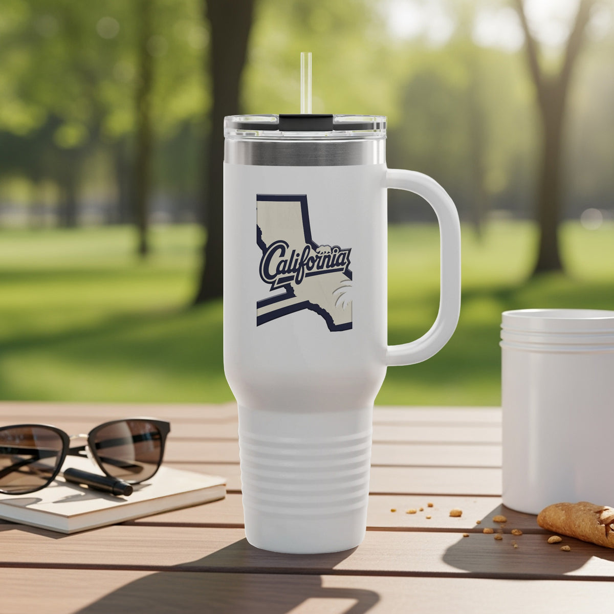 Travel tumbler with California map and cities illustration.
