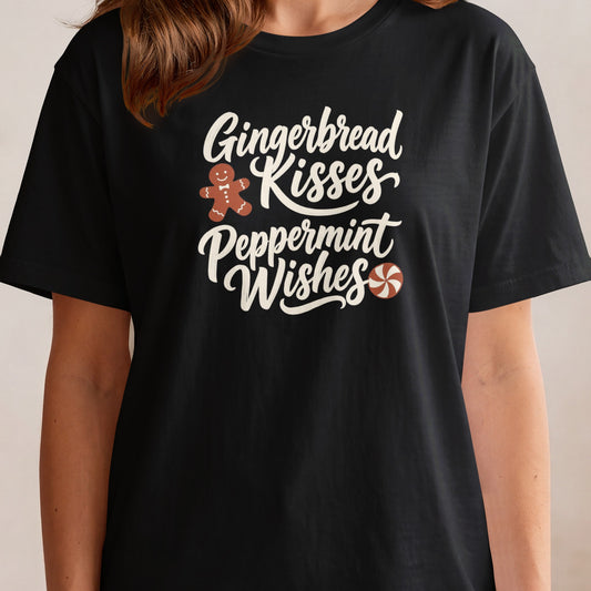 Black t-shirt with "Gingerbread Kisses Peppermint Wishes" text and graphics.