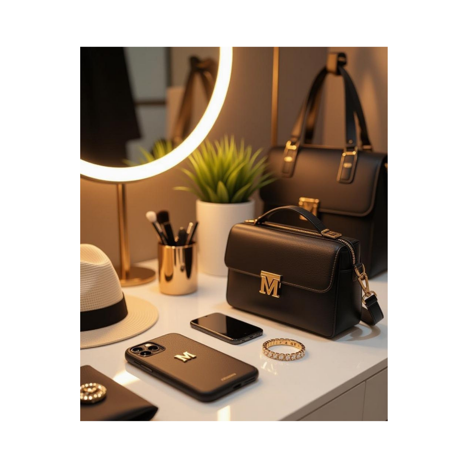 Trendy vanity with custom accessories (phone case, bag, jewelry), branded with M2M Global, LLC