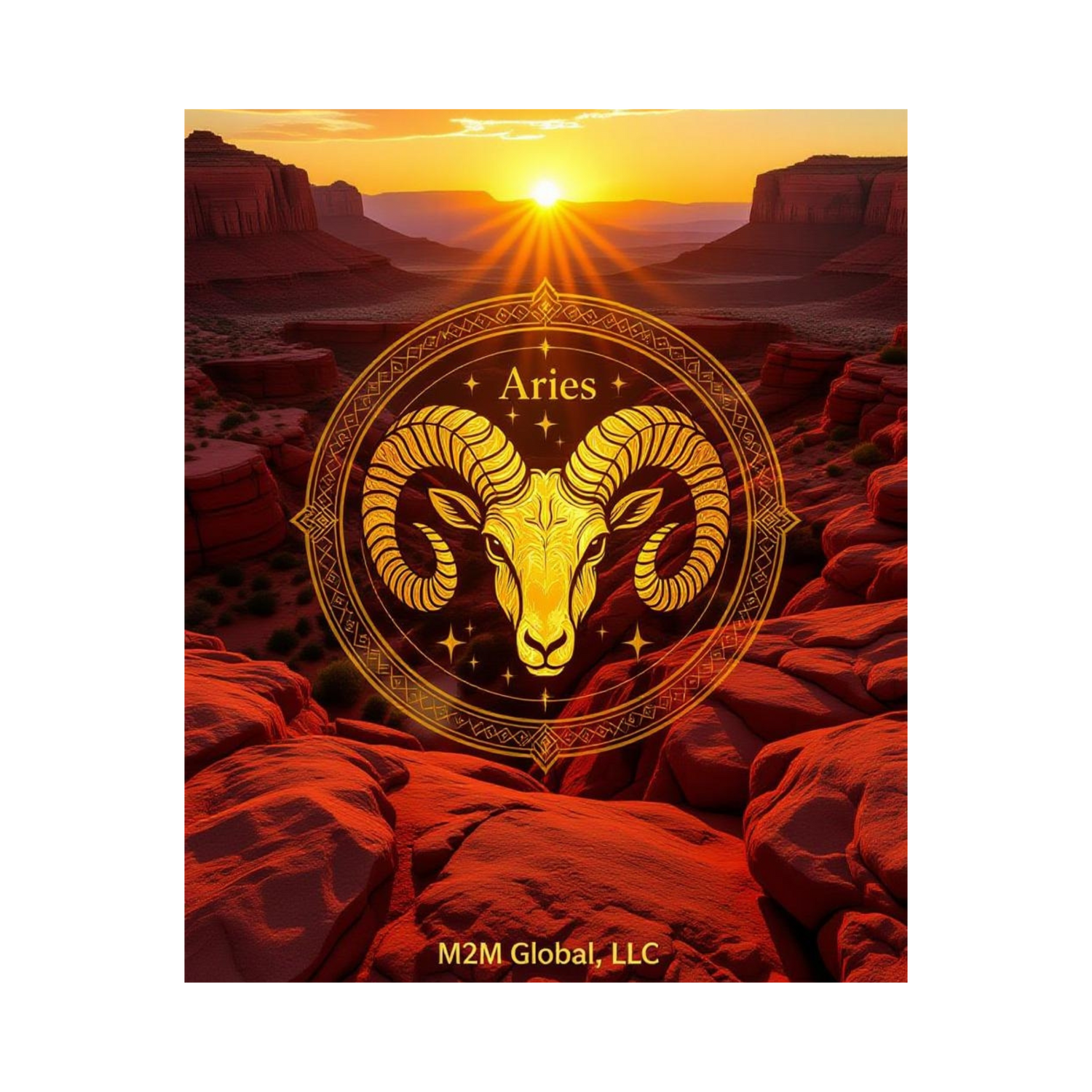 Striking desert dawn with realistic Aries design and red rocks, branded with M2M Global, LLC