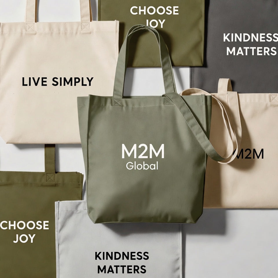 M2M Global tote bags featuring modern typography and clean graphic designs