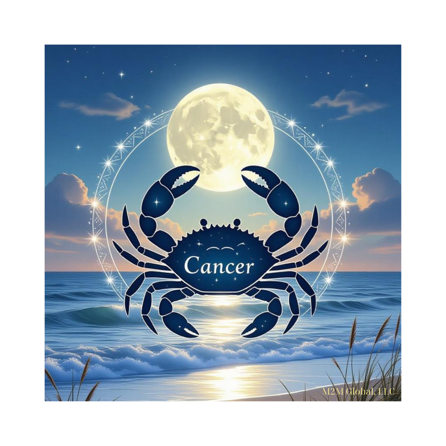 Serene coastal twilight with Cancer design and glowing moon, branded with M2M Global, LLC