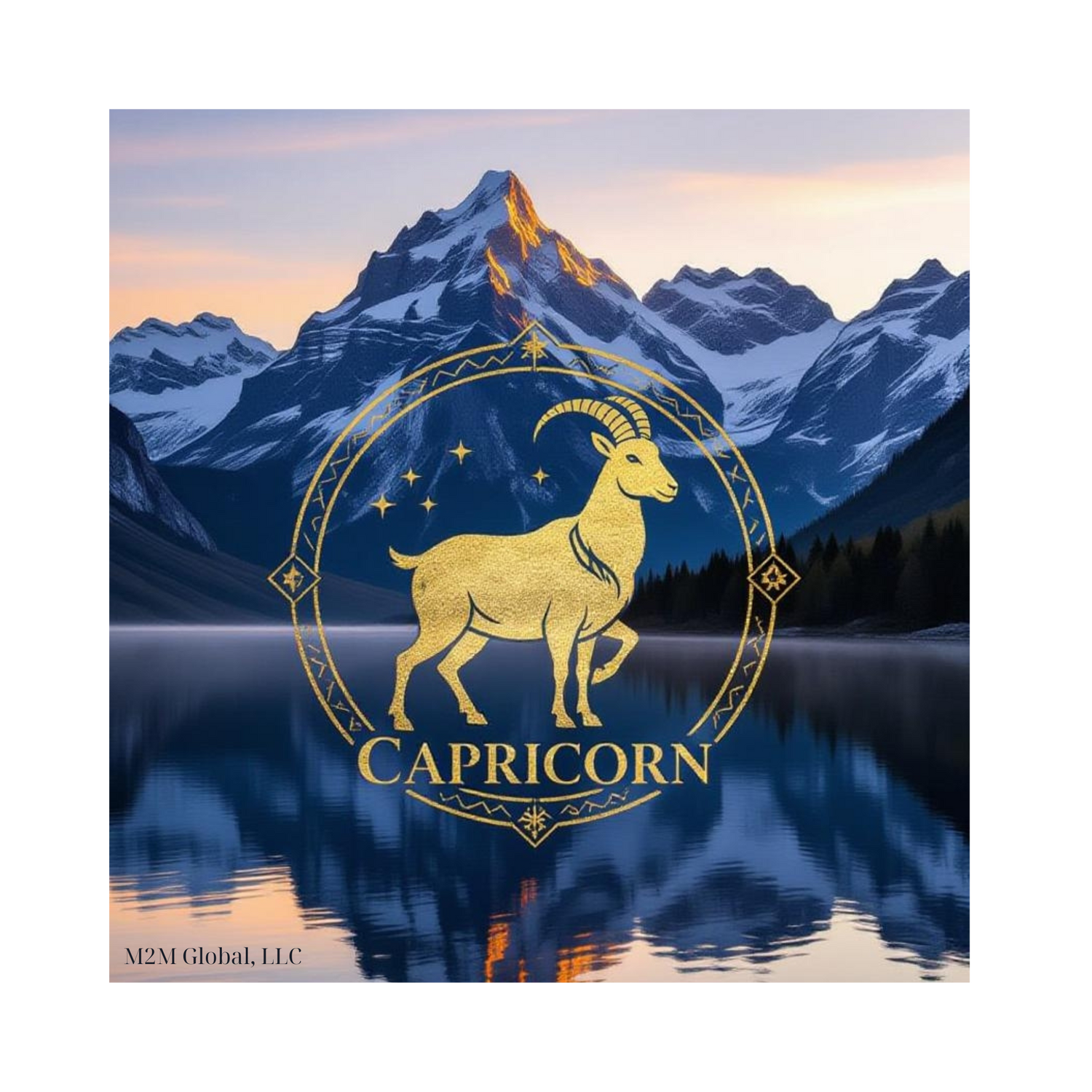 Majestic mountain sunrise with Capricorn design and snow peaks, branded with M2M Global, LLC