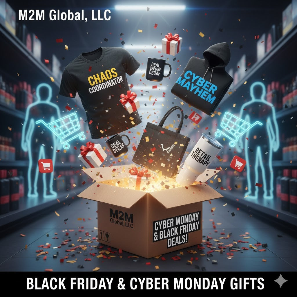 3D shipping box bursting with a Chaos Coordinator tee, Cyber Mayhem hoodie, and retail therapy gifts.