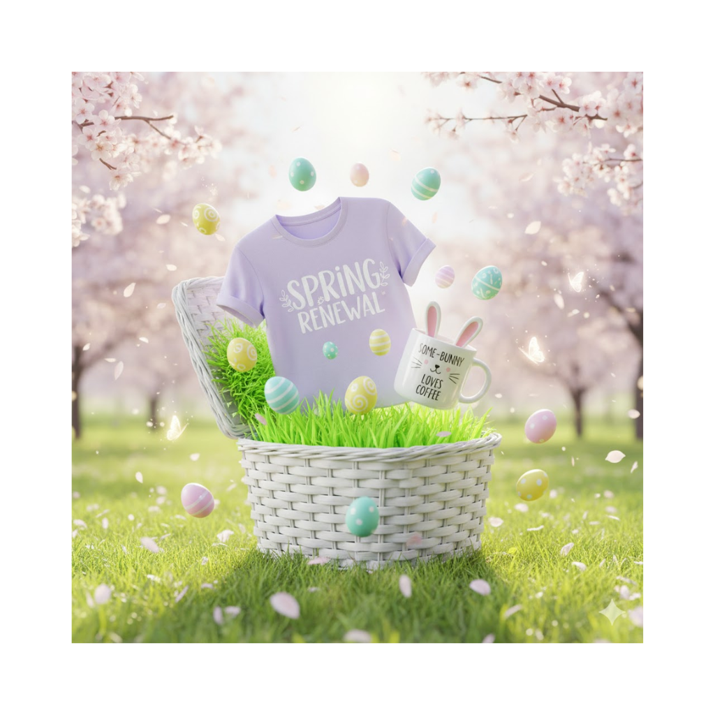 3D Easter basket with a lavender Spring Renewal shirt, bunny mug, and colorful eggs in a sunny meadow.