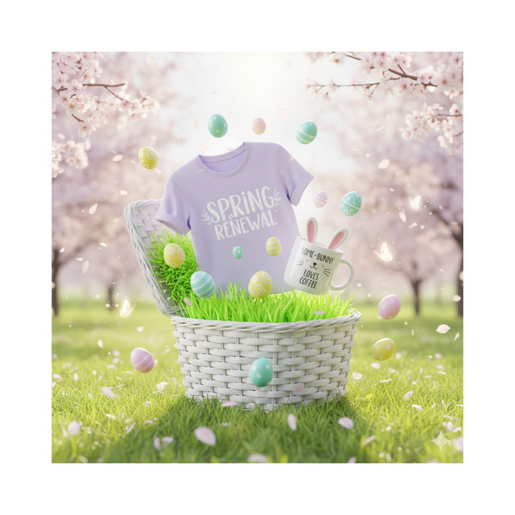 3D Easter basket with a lavender Spring Renewal shirt, bunny mug, and colorful eggs in a sunny meadow.