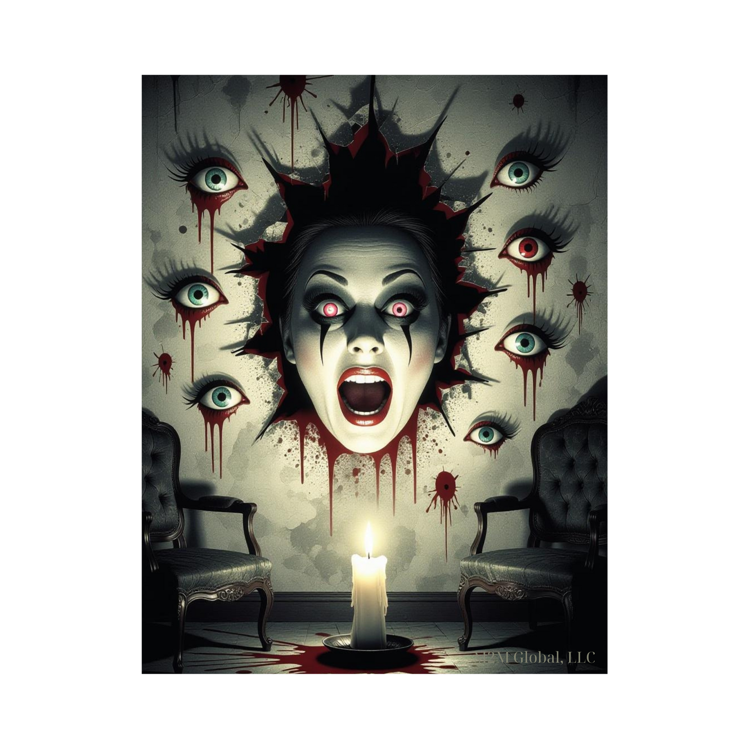 Dimly lit haunted room with Expressions design and horror decor, branded with M2M Global, LLC