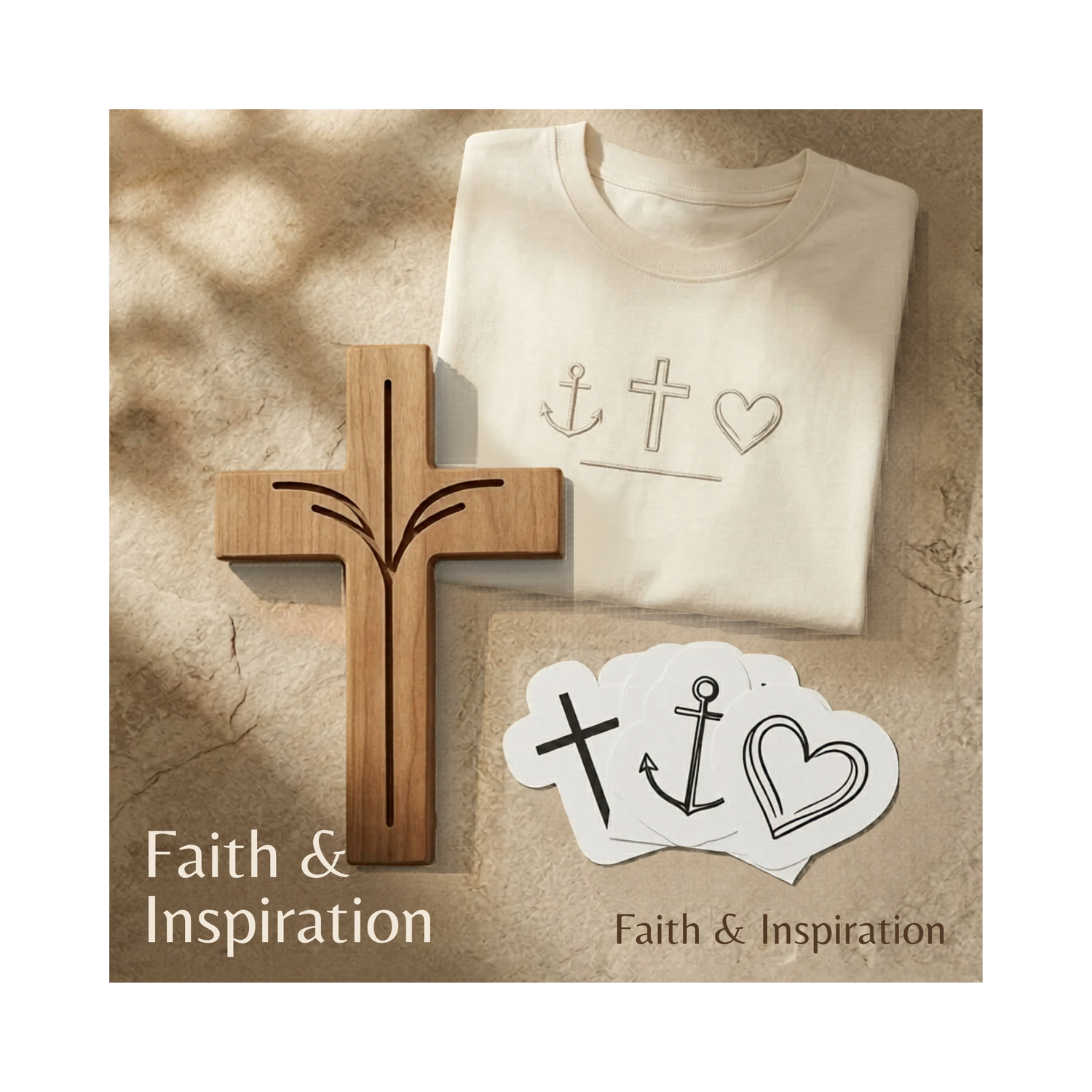 A wooden cross, a tee shirts, and other Religious images