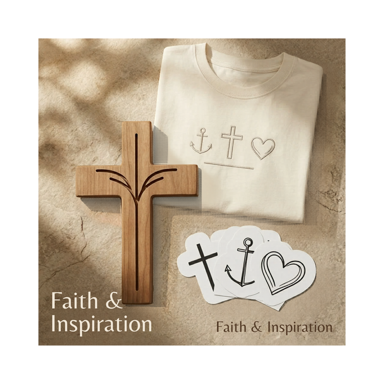A wooden cross, a tee shirts, and other Religious images