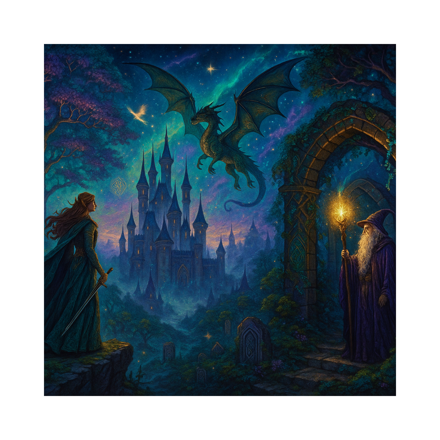 Mystical and eerie night with a castle far away.  A dragon flying overhead, a fairy warrior to the left, and an old wizard to the right