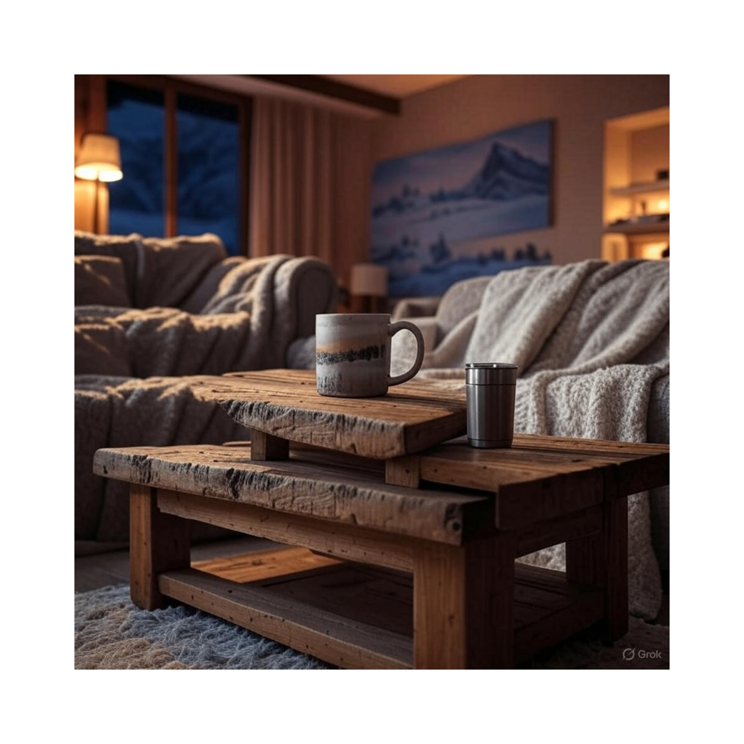 Cozy living room with a custom mug, tumbler, and candle, branded with M2M Global, LLC