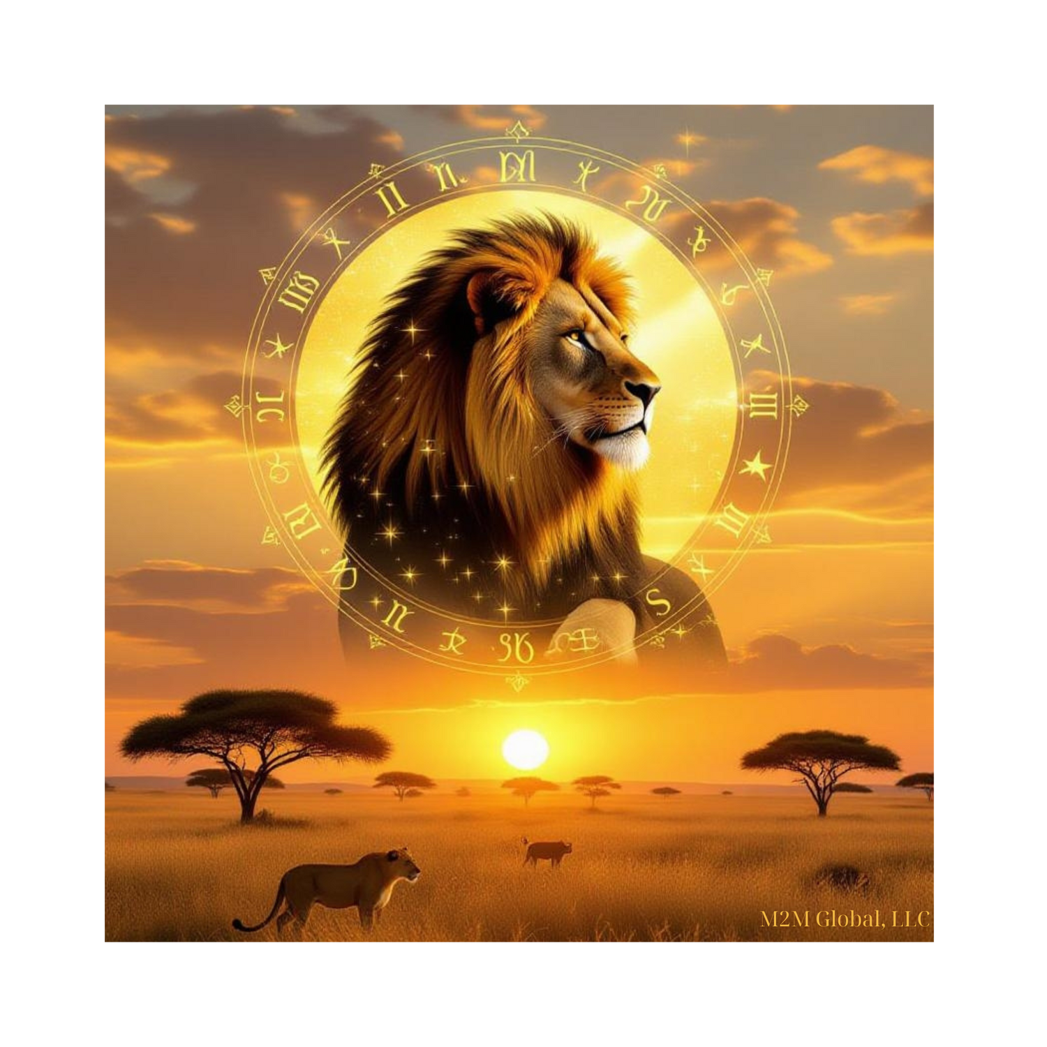 Grand savanna sunset with Leo design and golden grasslands, branded with M2M Global, LLC