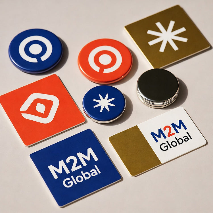 Flat-lay of premium M2M Global magnets and stickers with modern icons and bold typography on a neutral background.