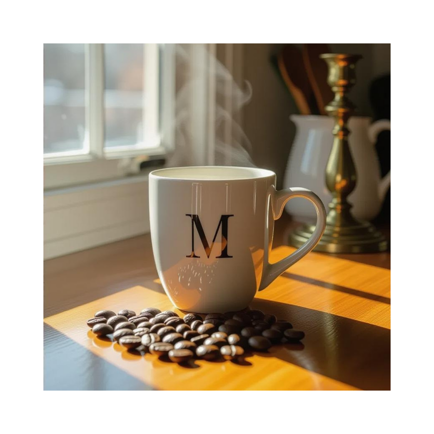 Cozy kitchen nook with a custom-designed mug and coffee beans, branded with M2M Global, LLC