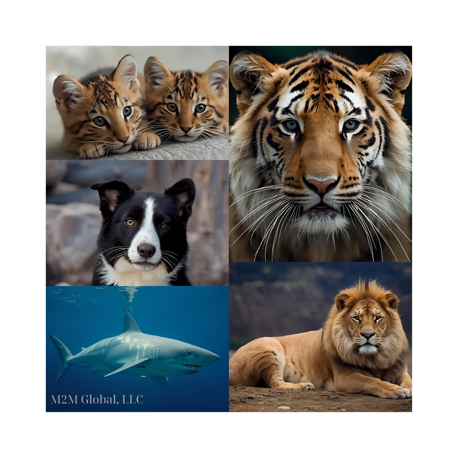 A collage of baby kittens, Tigers eyes, Border collie sitting, a great white in open water, and a male lion resting