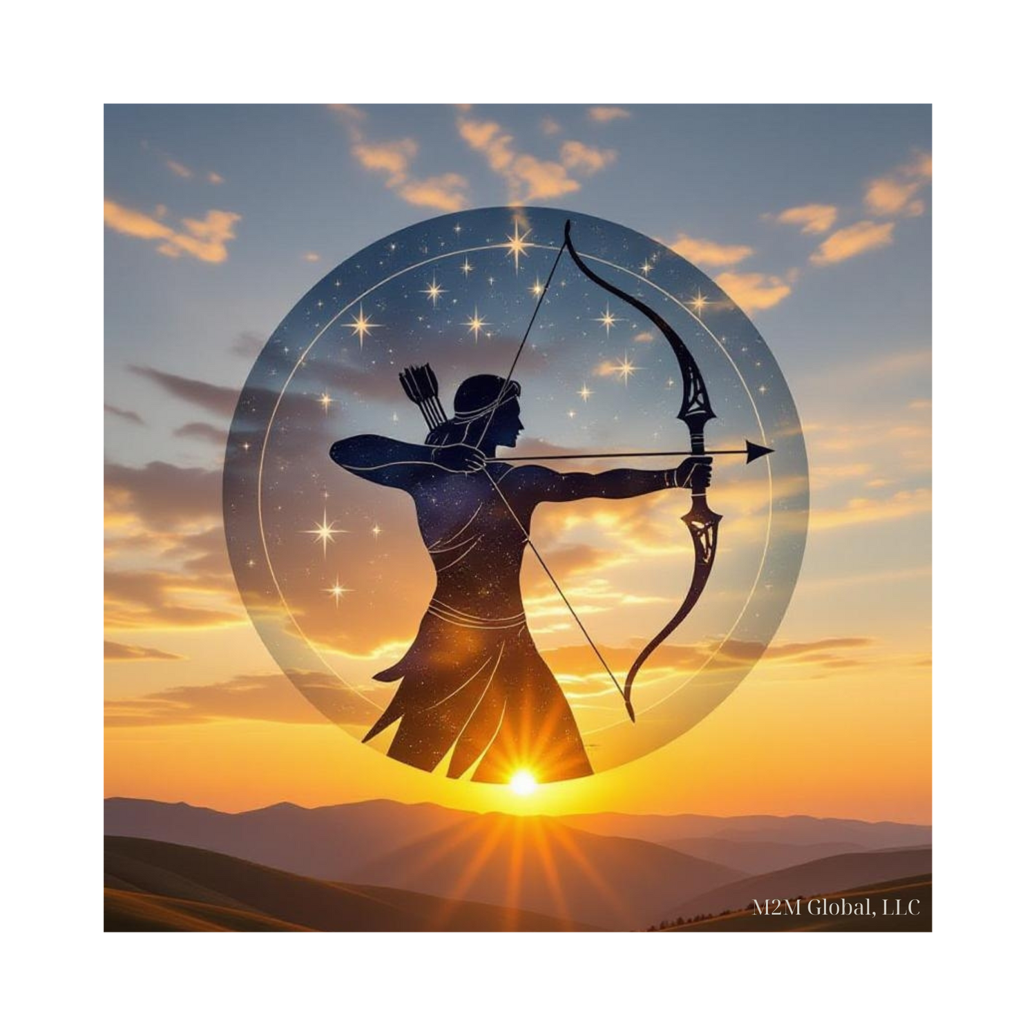 Vast wilderness sunrise with Sagittarius design and golden hills, branded with M2M Global, LLC