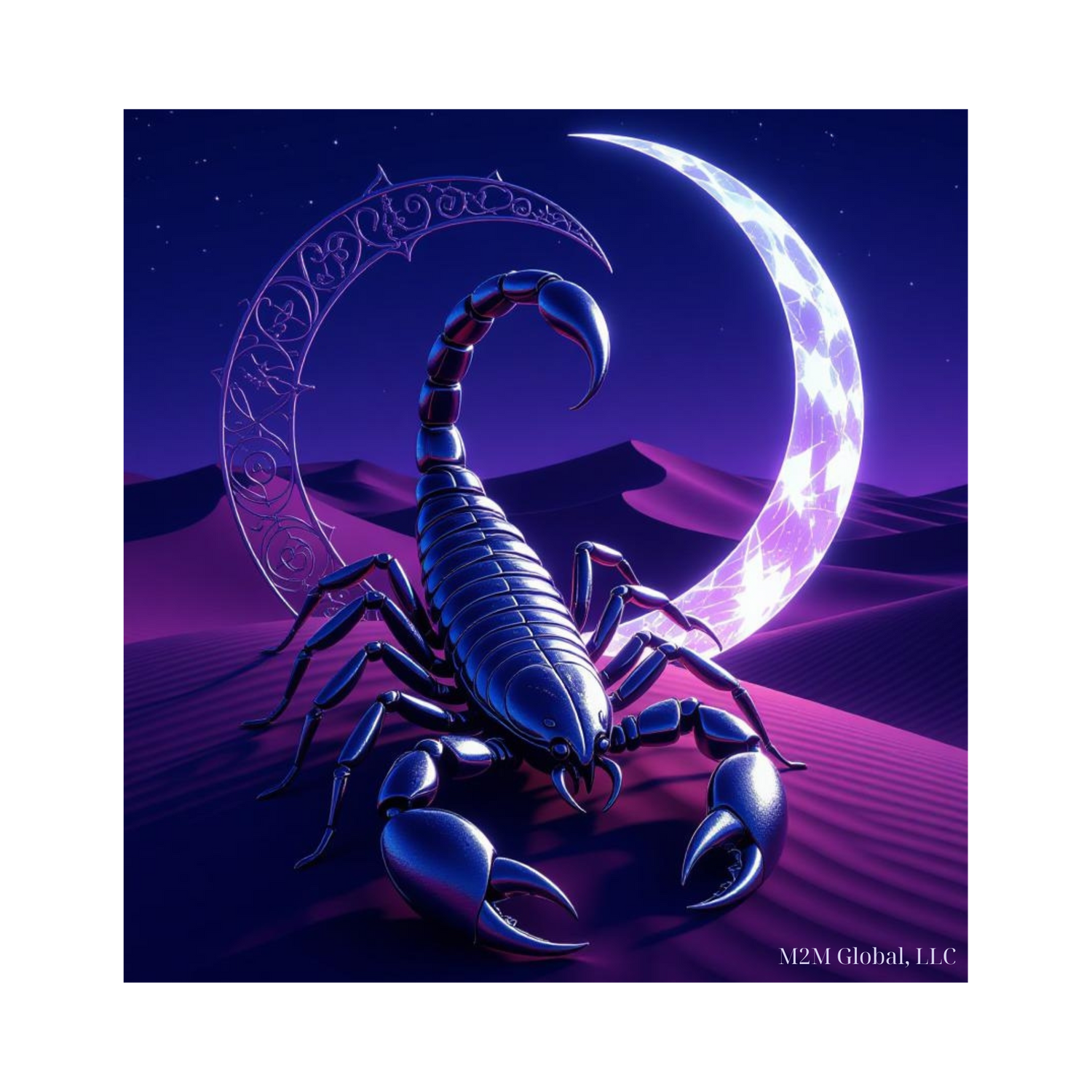Dramatic desert oasis with Scorpio design and crescent moon, branded with M2M Global, LLC