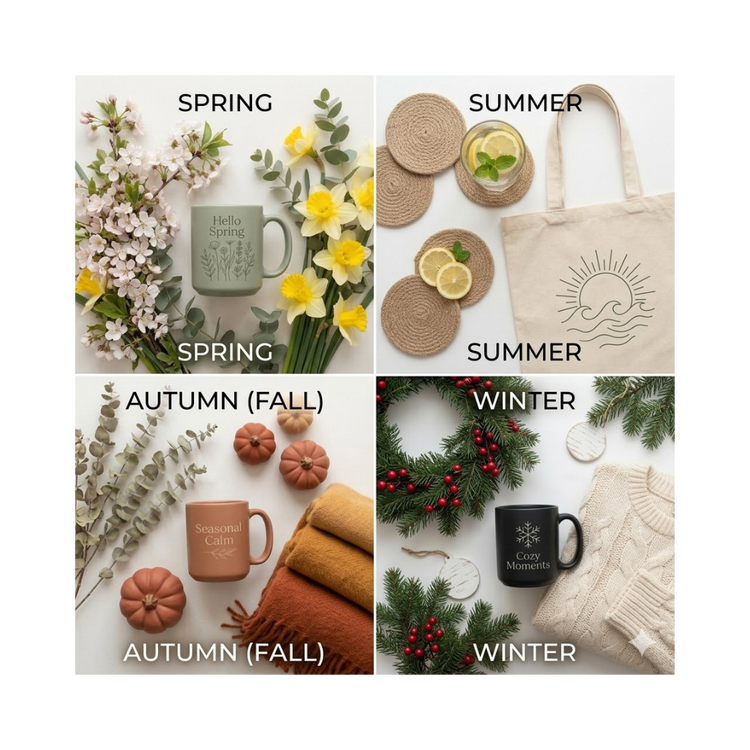 Change of seasons, transitioning from delicate Spring florals and the warmth of Summer jute, into cozy textured blankets and dried Autumn botanicals, and finally ending with deep, rich evergreen fir and soft knitwear for Winter.