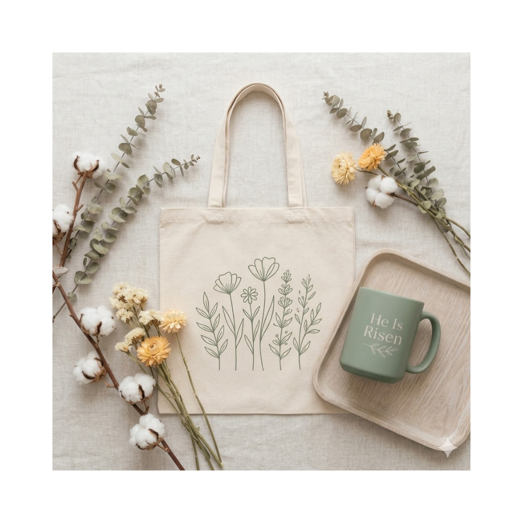 A natural linen tote bag with a minimalist wildflower print and a matching sage green mug, presented in a clean, boho-style flat lay.
