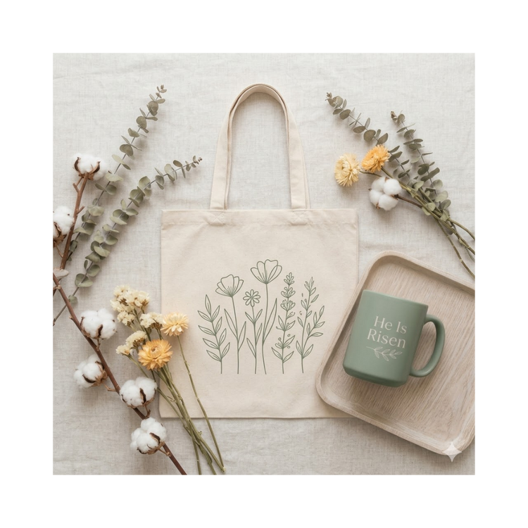 A natural linen tote bag with a minimalist wildflower print and a matching sage green mug, presented in a clean, boho-style flat lay.