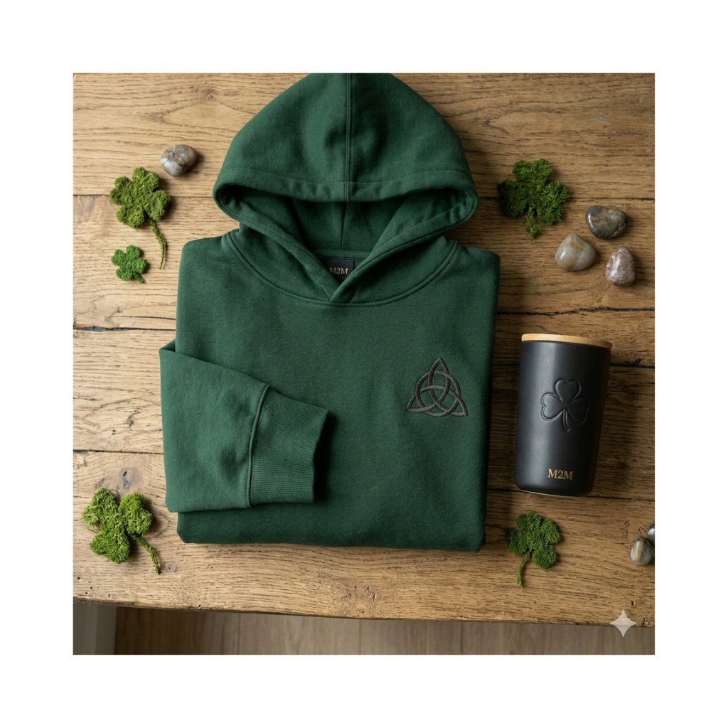 Premium forest green hoodie and clover travel mug on a rustic wood background.