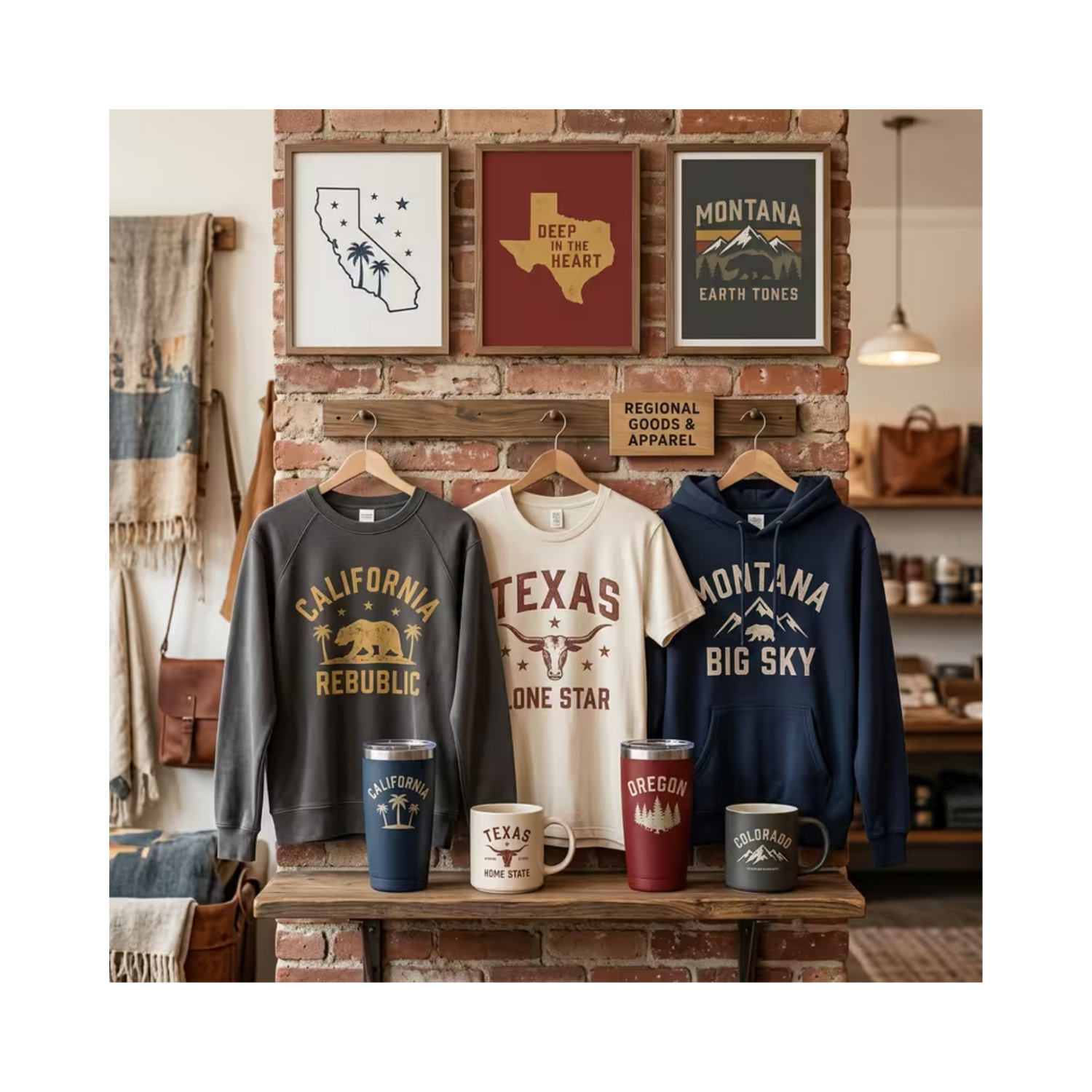 A collection of apparel and drinkware with State images