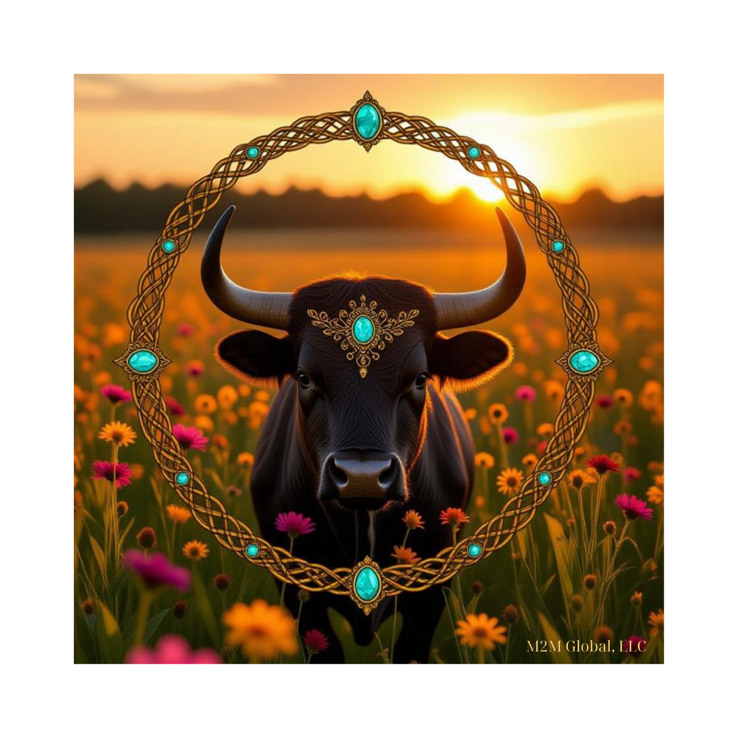 Lush meadow golden hour with Taurus design and wildflowers, branded with M2M Global, LLC