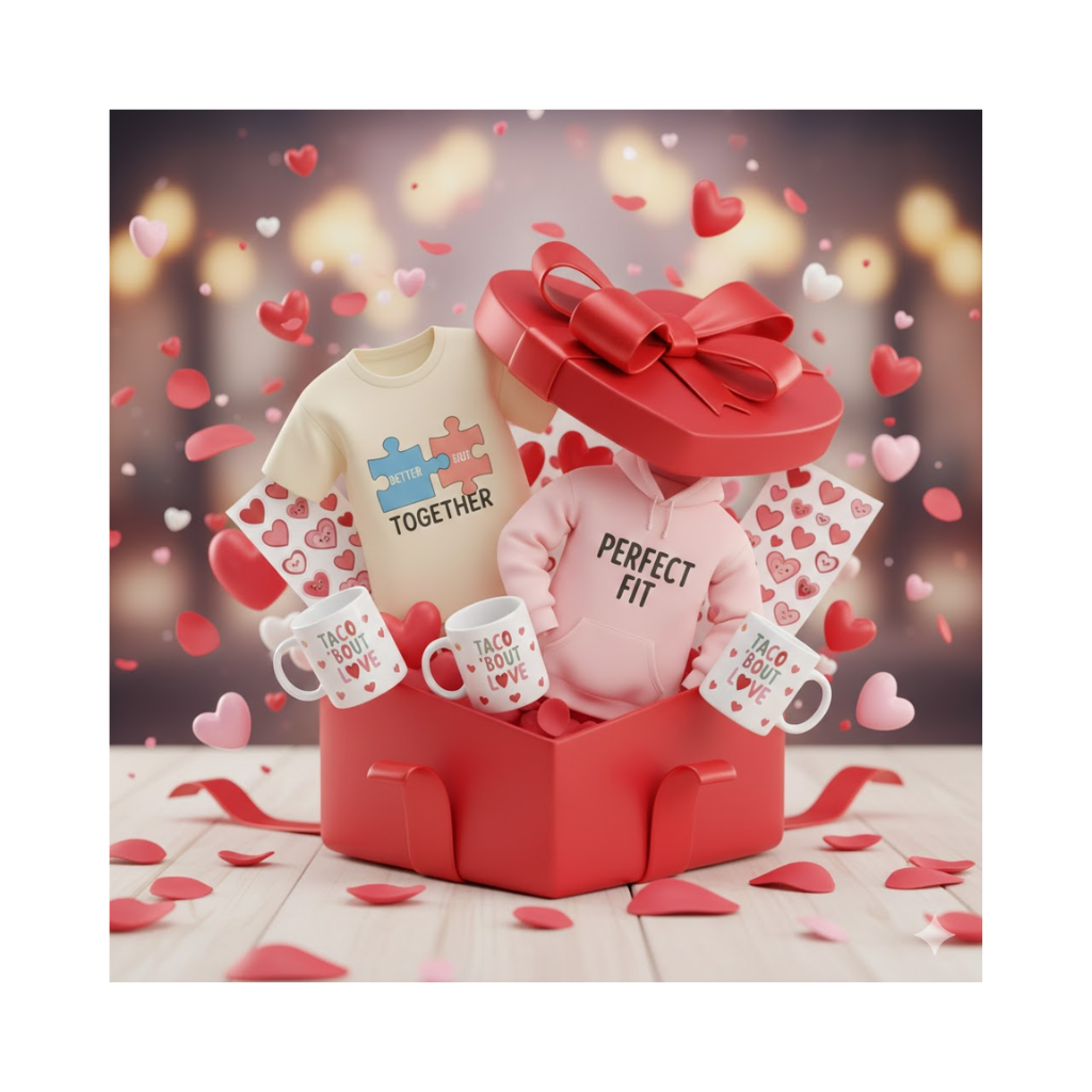 Valentine’s Day gift collection featuring matching puzzle-piece tees and mugs bursting from a red gift box.