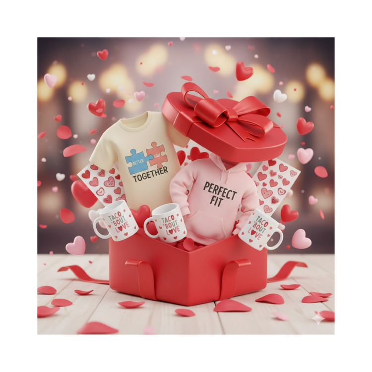 Valentine’s Day gift collection featuring matching puzzle-piece tees and mugs bursting from a red gift box.