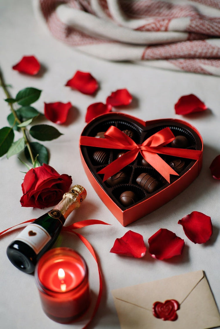 Valentine’s Day gift flat lay with heart-shaped chocolate box, red roses, candle, champagne bottle, and love letter on a soft neutral background