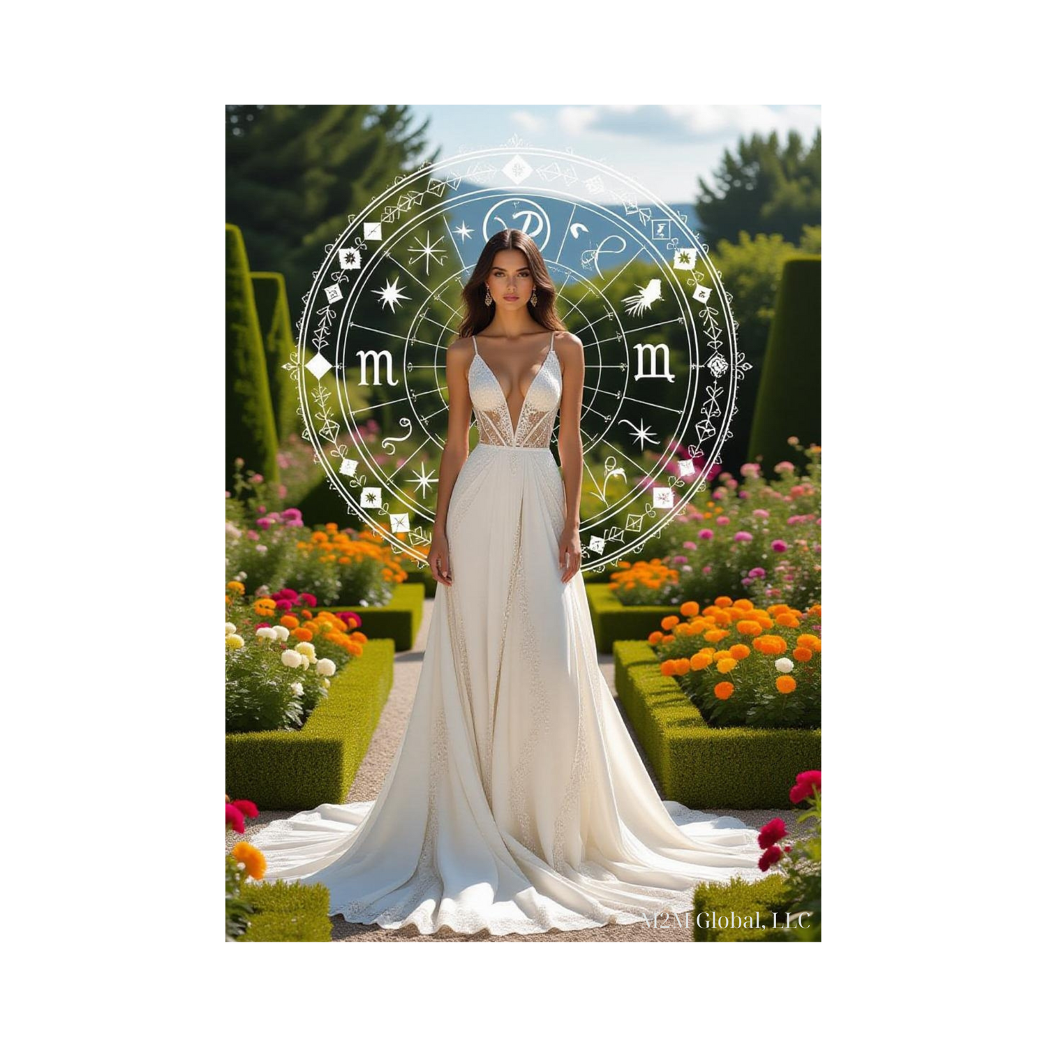 Pristine garden midday with a life-like sensual Virgo female design and neat flowers, branded with M2M Global, LLC