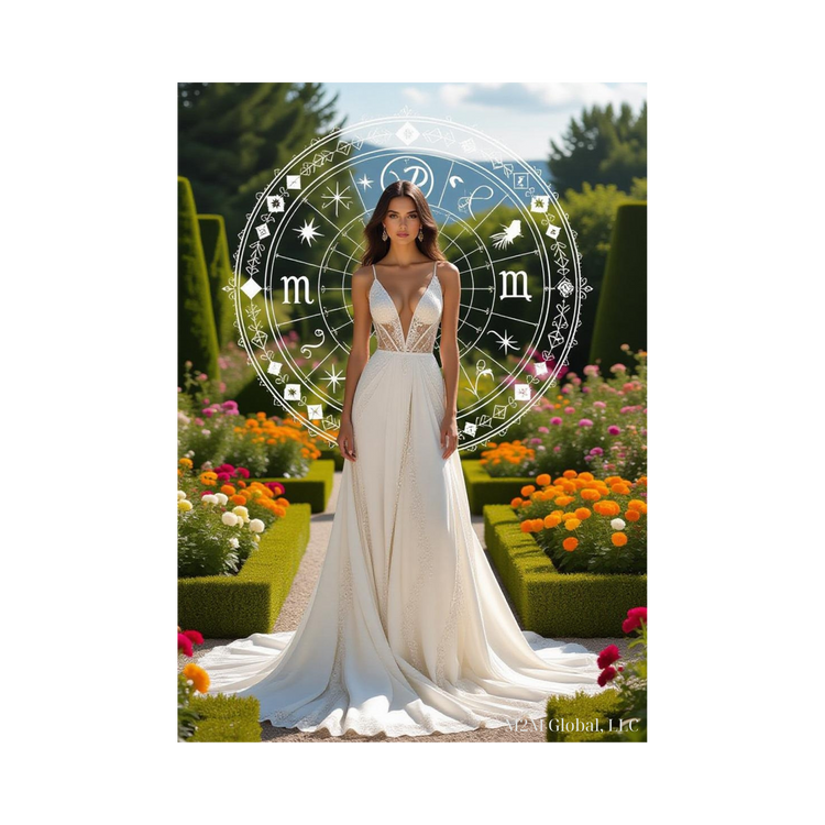 Pristine garden midday with a life-like sensual Virgo female design and neat flowers, branded with M2M Global, LLC