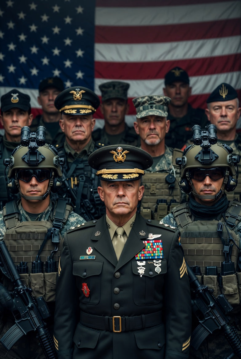 Retired Marine General with Delta Force, Scout Sniper, Green Beret, and SEAL veterans honoring service in front of the American flag. Veterans Day tribute.