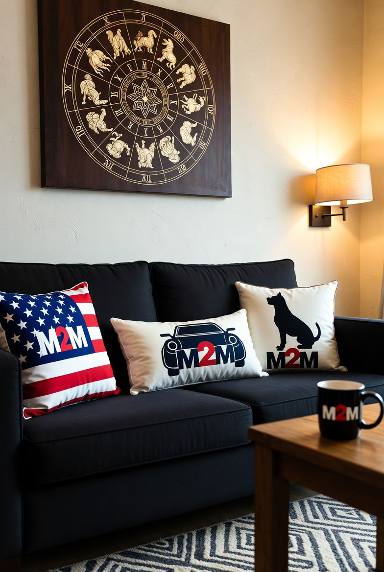 Cozy living room decor featuring a zodiac canvas wall art, patriotic M2M flag pillow, muscle car pillow, dog silhouette pillow, and branded M2M mug. Decor Collection.