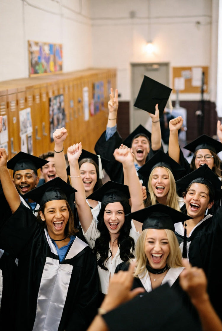Joyful diverse graduates in caps and gowns cheering and throwing their hats in celebration.