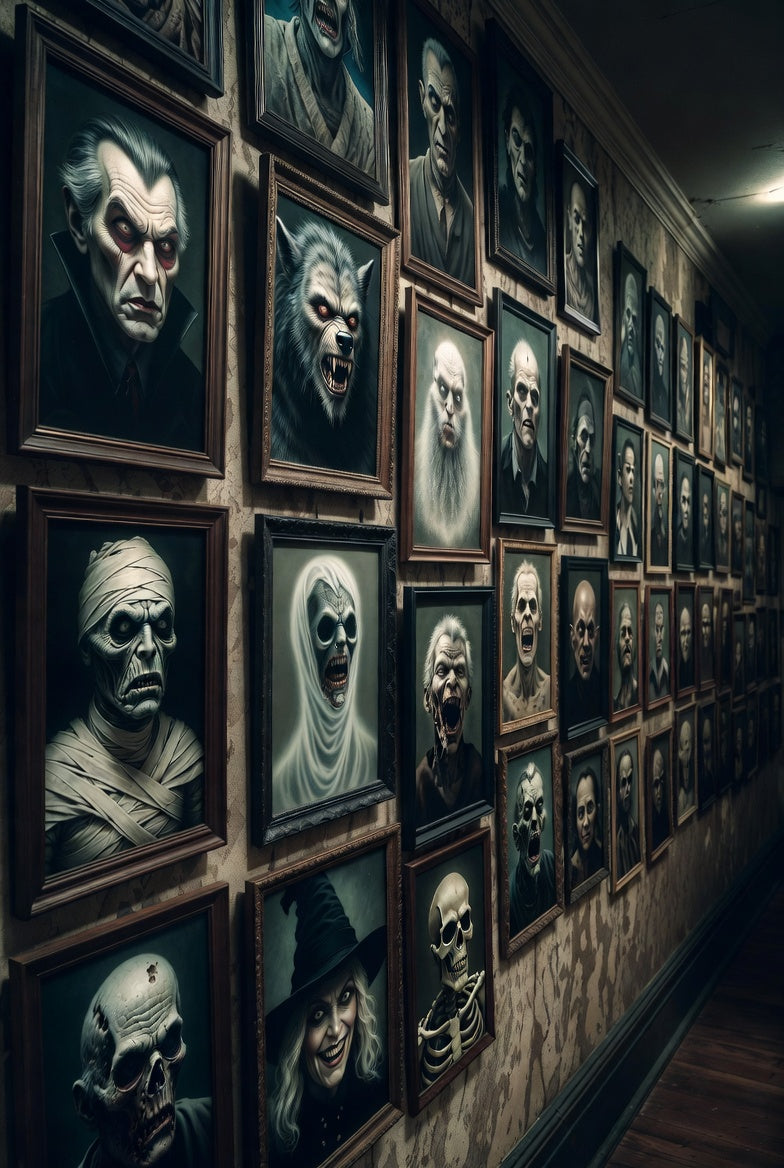 Dark Victorian hallway wall covered in eerie framed portraits of classic monsters: Dracula, Wolfman, Mummy, zombies, skeletons & more.