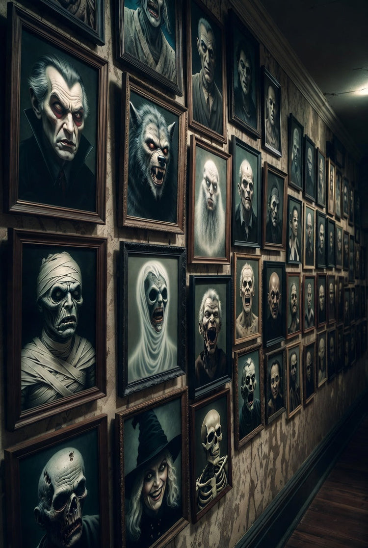 Dark Victorian hallway wall covered in eerie framed portraits of classic monsters: Dracula, Wolfman, Mummy, zombies, skeletons & more.