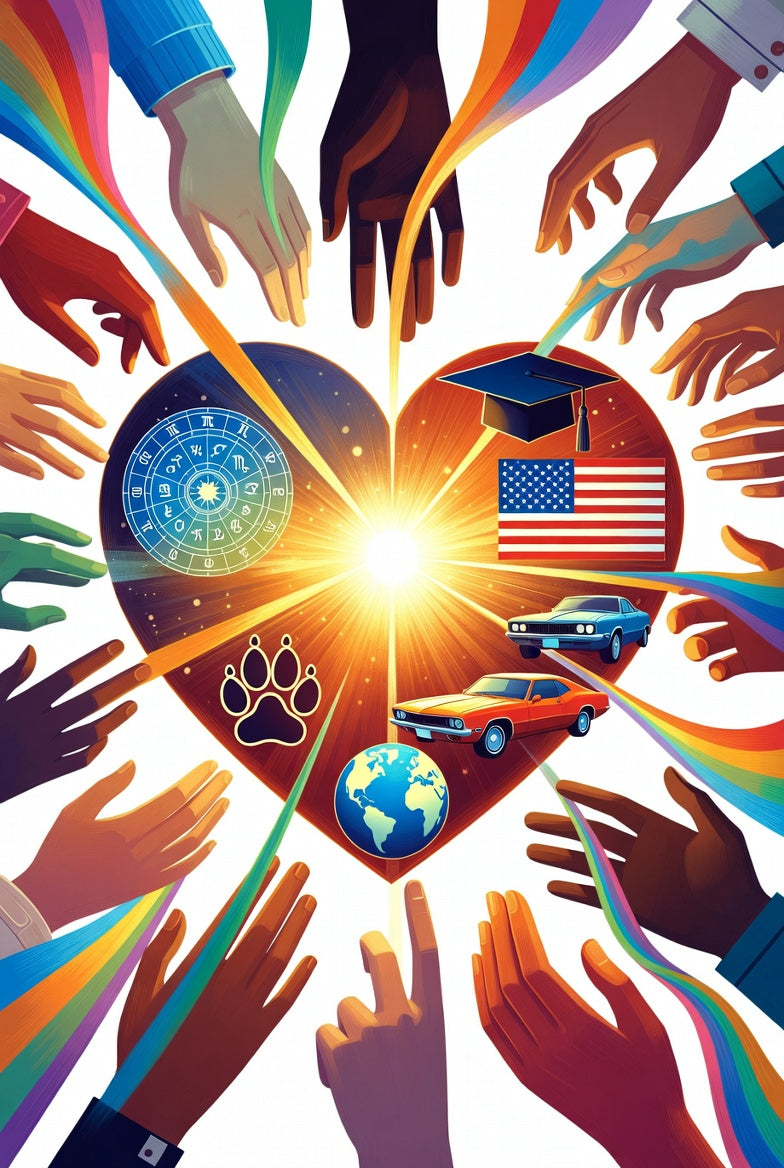 Diverse hands holding colorful ribbons form a glowing heart with icons for astrology, education, patriotism, pets, cars, and the world. Passion & Causes collection.