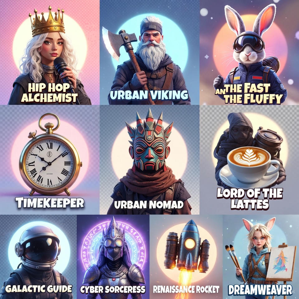 9 whimsical mash-up characters in a grid: Hip Hop Alchemist, Urban Viking, The Fast and the Fluffy, Lord of the Lattes & more.