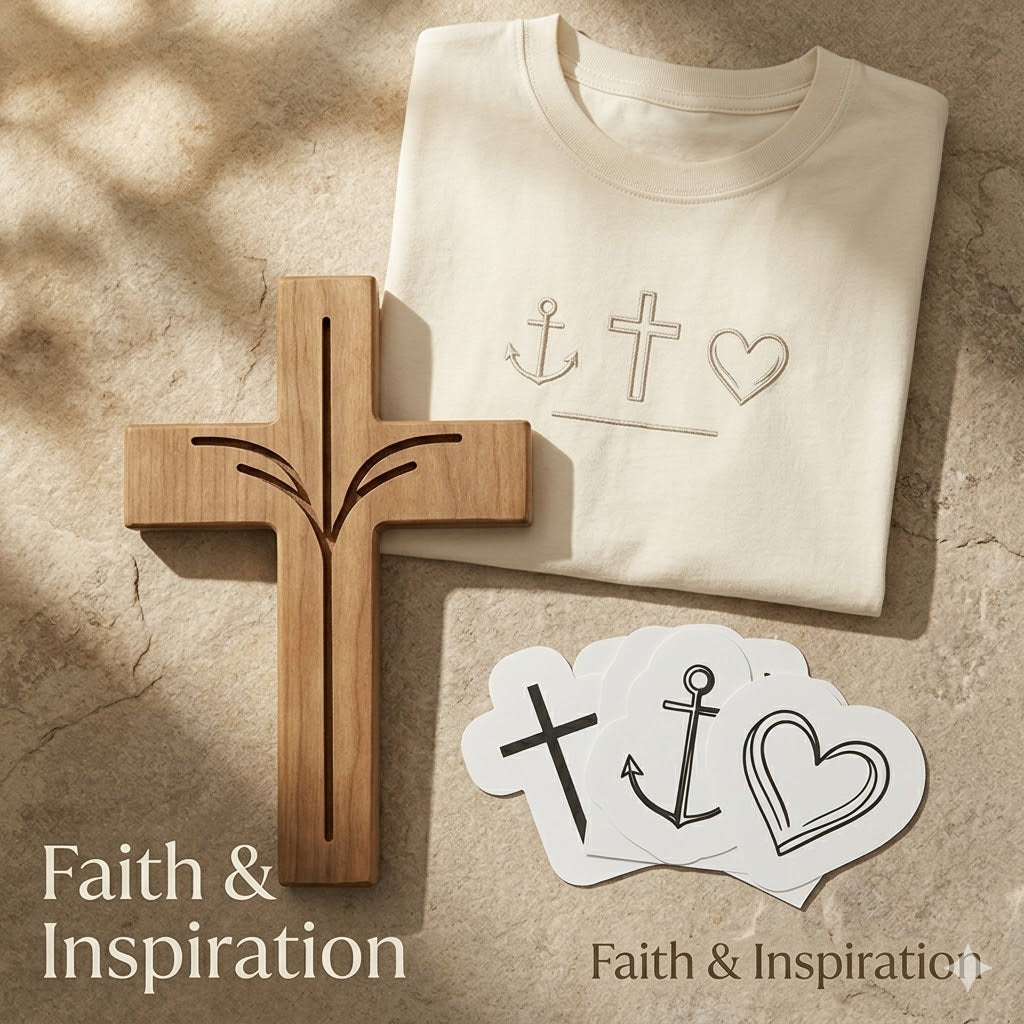 A minimalist flat lay of a wooden cross with carved branch details, a cream-colored t-shirt with faith icons, and symbolic stickers on a warm stone background.