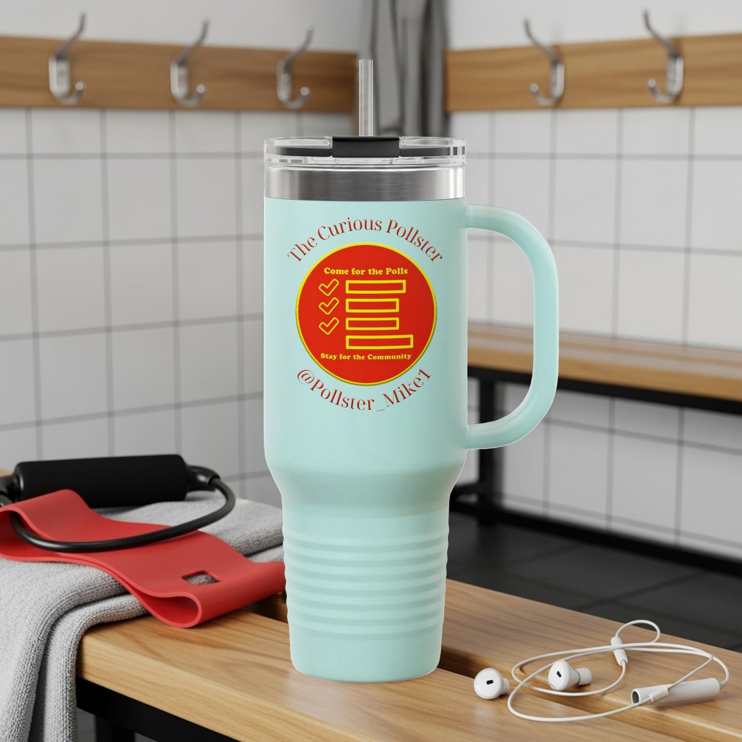 Light blue tumbler with "Come for the Polls, Stay for the Community" text and poll icon.