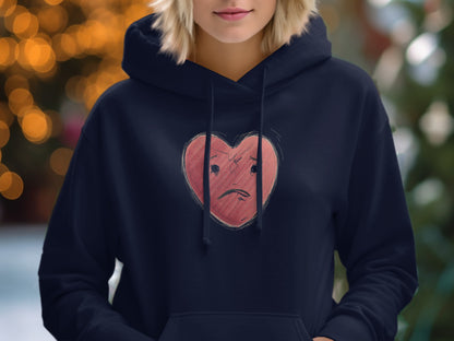 Sad Heart Sketch Design on Navy Hooded Sweatshirt