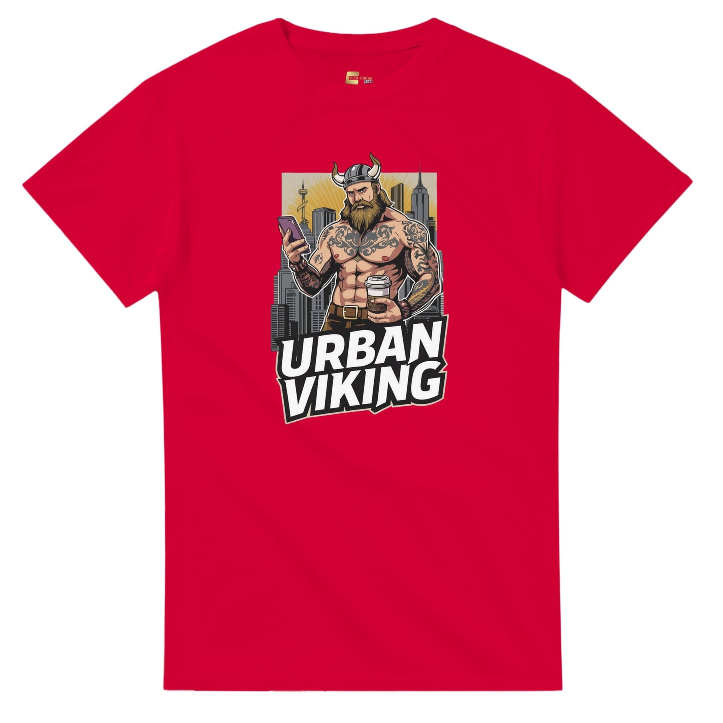 Person wearing a gray t-shirt with 'Urban Viking' graphic design in an indoor setting