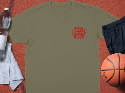 Olive green t-shirt with red Cooper Disposal logo and basketball.